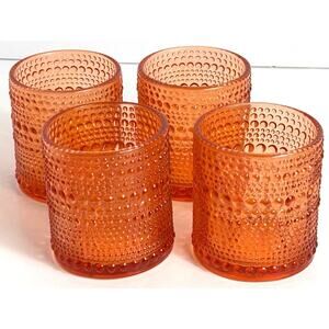 Set Of 4 Vintage Amber Bubble Glass Votive Candle Holders Cups